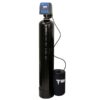 A tall black water treatment tank with control head and a smaller black cylindrical salt brine tank beside it, connected by tubing, on a white background.